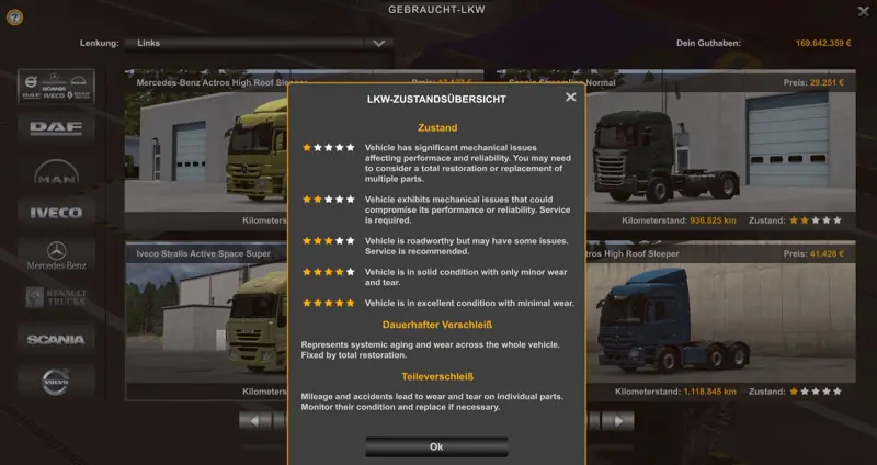 Truck-Zustandsübersicht beim erstmaligen Betreten der Gebraucht-Trucks, teilweise übersetzt